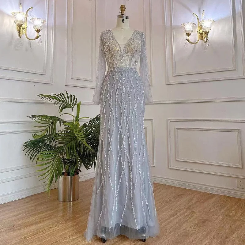 Quick Sale Serene Hill Muslim Grey V Neck Mermaid Beaded Luxury Dubai Evening Dresses 2024 For Women Elegant Party LA71903 Quick Sale Serene Hill Muslim Grey V Neck Mermaid Beaded Luxury Dubai Evening Dresses 2024 For Women Elegant Party LA71903