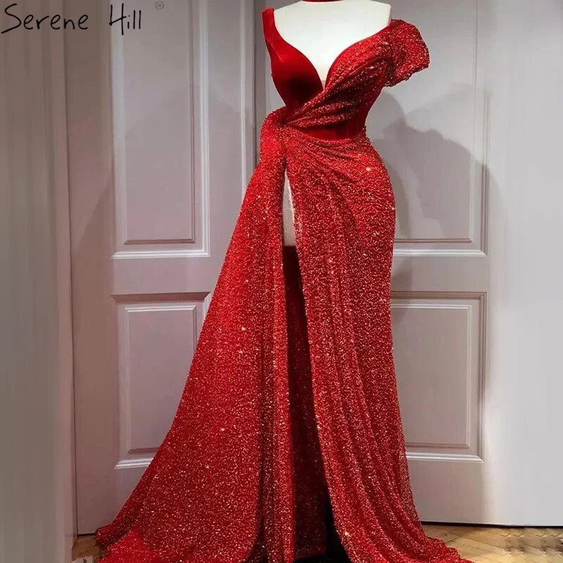 Unmissable Offer Sale Red One Shoulder Luxury Dubai Evening Dresses Long 2024 Sleeveless Sexy Beaded Sequins Formal Dress Serene Hill LA70416