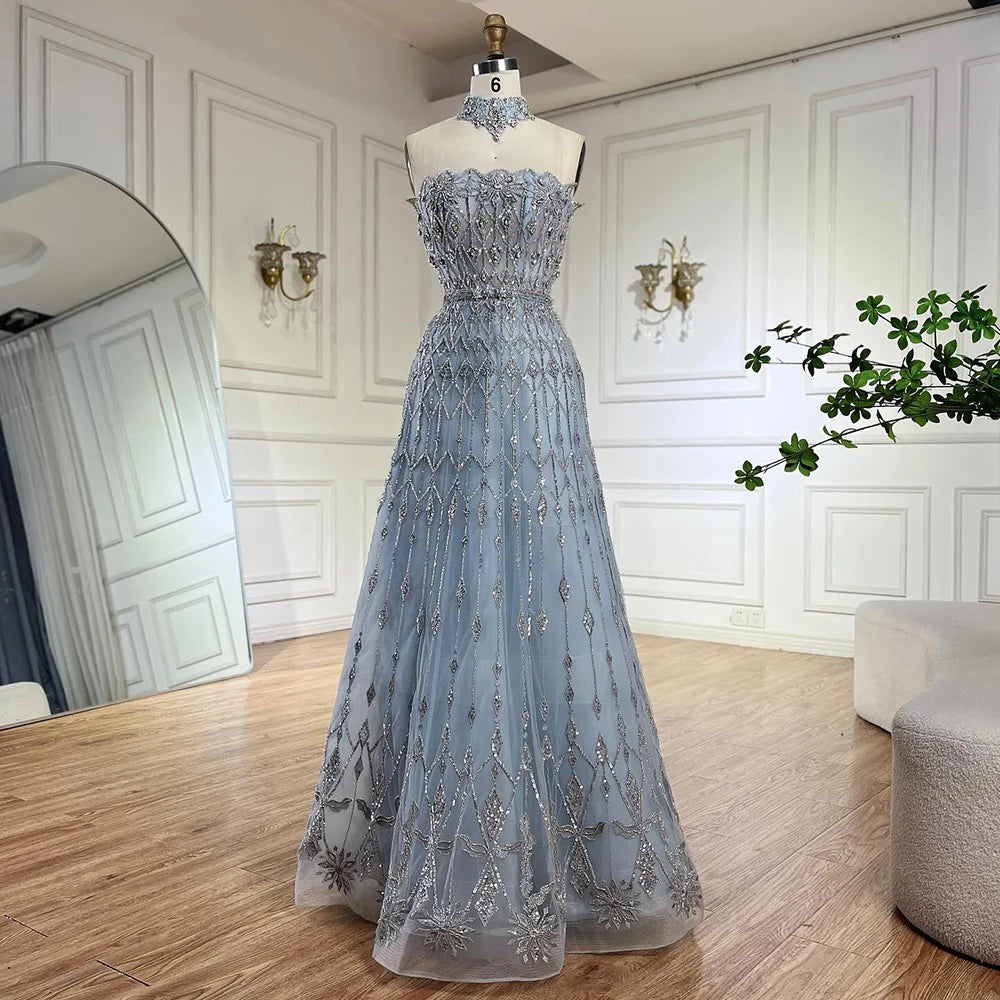 Price Drop Serene Hill 2024 Arabic A-Line Elegant Strapless Blue Saudi Evening Gown Luxury Beaded Dress for Formal Occasion LA72717