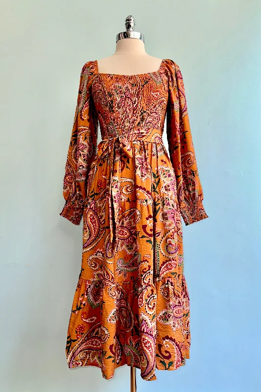 Stock Clearance Toffee Paisley Print Long Sleeve Midi Dress