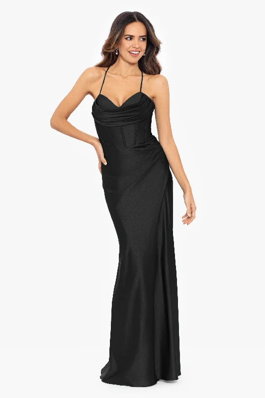 Deal Dash Petite "Talia" Long Sateen Corset Lace Up Back Dress