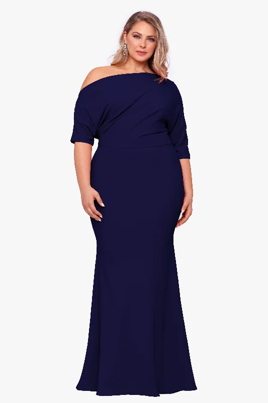 Price Fest Plus "Madeline" Long Scuba Crepe Off the Shoulder Drop Dress