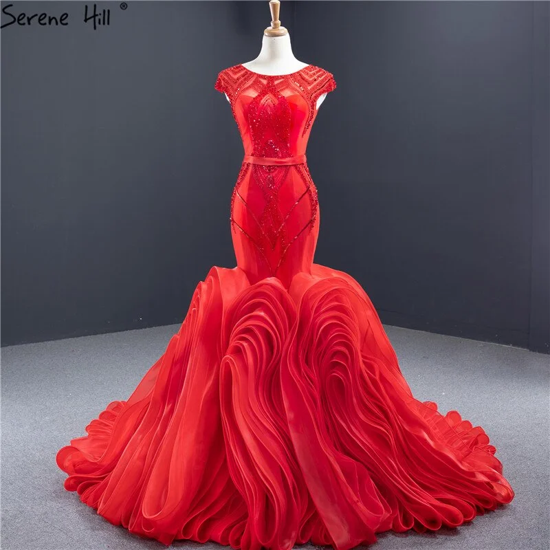 Exclusive Deal Red Mermaid Design O-Neck Sexy Wedding Dresses 2024 Sleeveless Beading Sequins Bridal Gowns Serene Hill HM66926