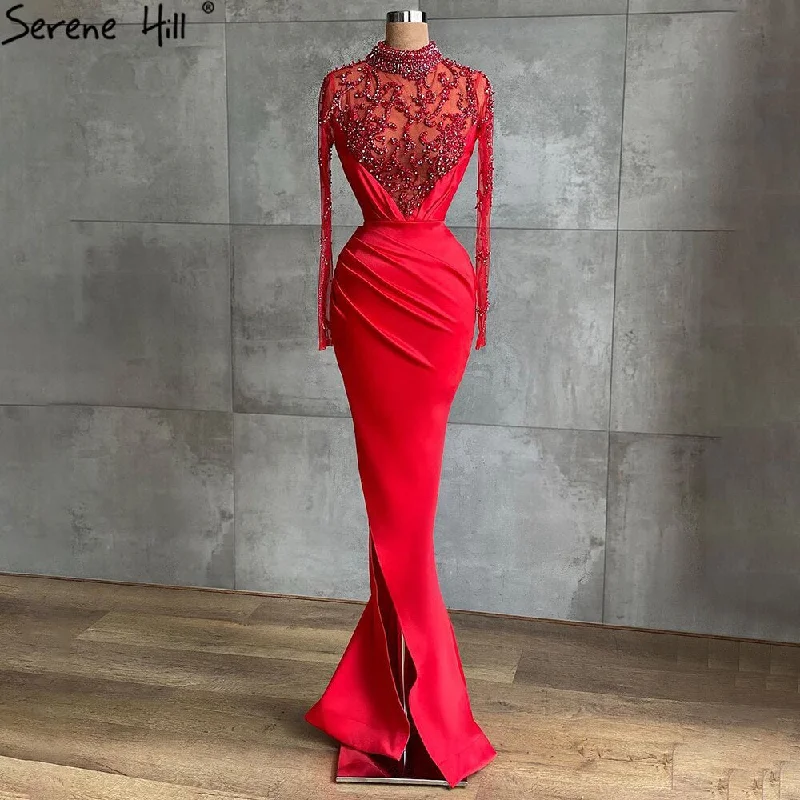 Online Specials On Sale no return no refundSale Serene Hill Muslim Red Mermaid Split Evening Dresses Gowns 2024 Elegant Satin Beading For Women Party LA71091