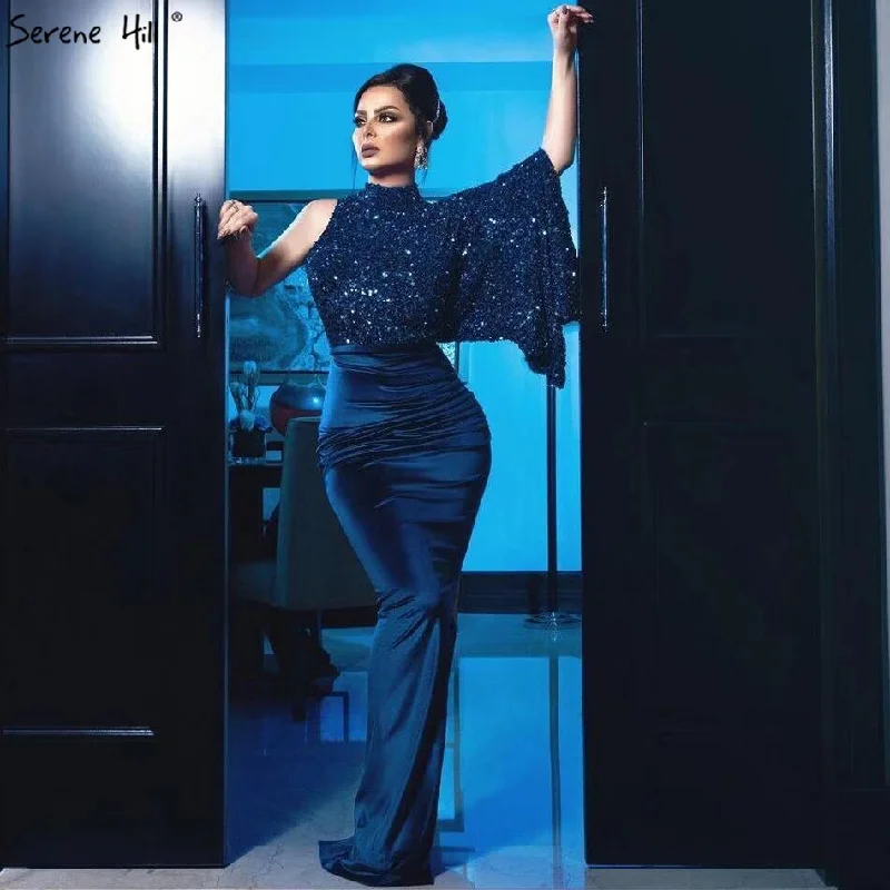Super Bargain On Sale no return no refundSale Navy Blue Satin Mermaid Sexy Evening Dresses 2024 Sequins One Shoulder Bat Sleeves Formal Dress Serene Hill LA70347