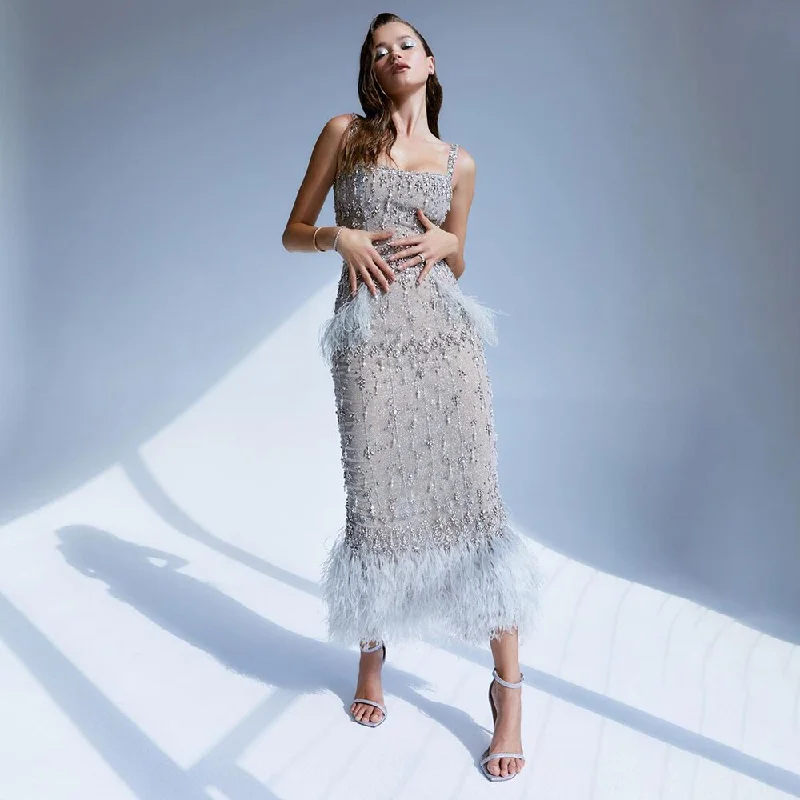 Limited Availability Serene Hill Grey Mermaid Midi Length Evening Dresses Gowns Beaded Sexy Feather Rear Leg Split 2024 For Women Party LA71669 Limited Availability Serene Hill Grey Mermaid Midi Length Evening Dresses Gowns Beaded Sexy Feather Rear Leg Split 2024 For Women Party LA71669