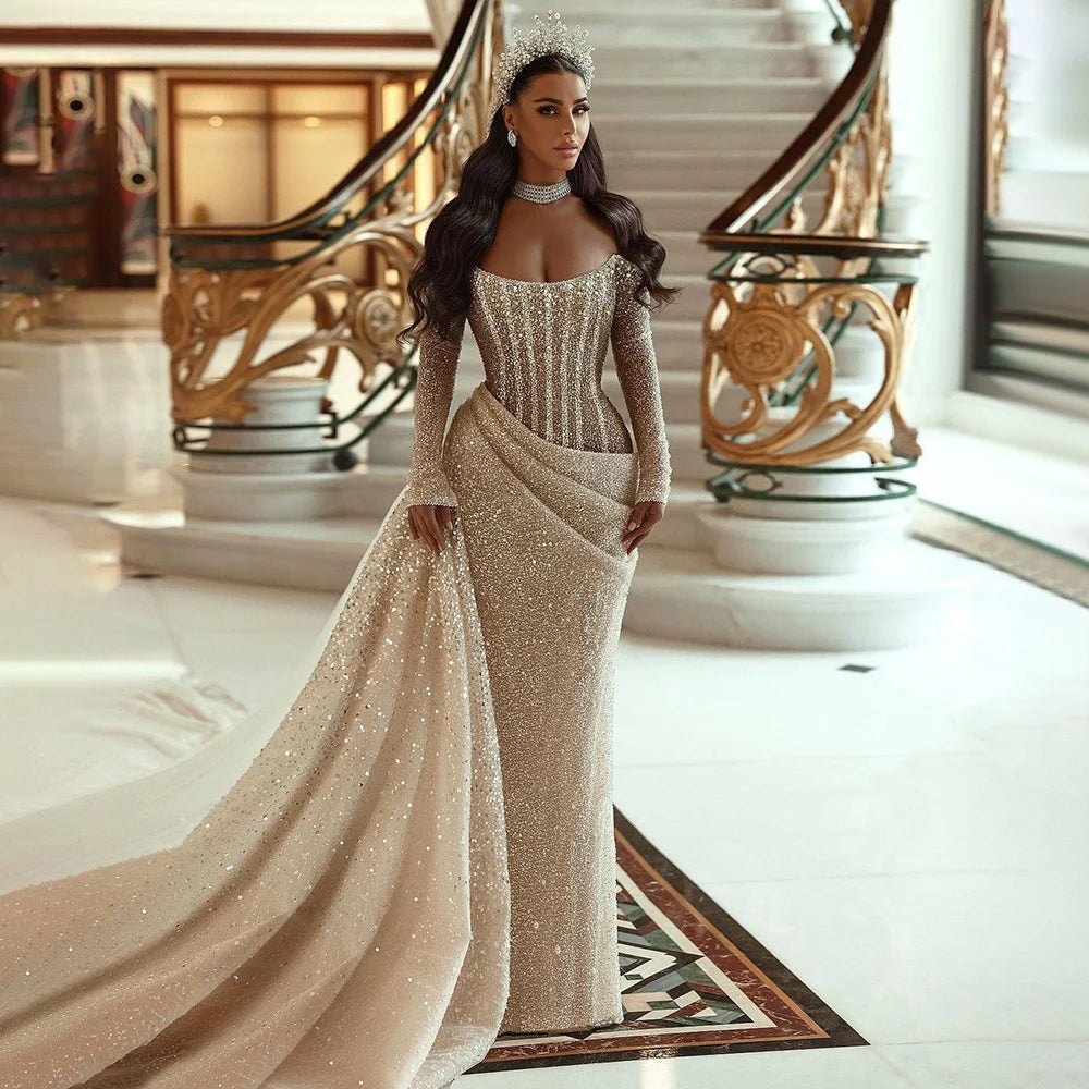Lowest Price Serene Hill 2024 Dubai Nude Strapless Mermaid Dress with Overskirt Beaded Luxury Evening Gown for Women Wedding Party LA72291