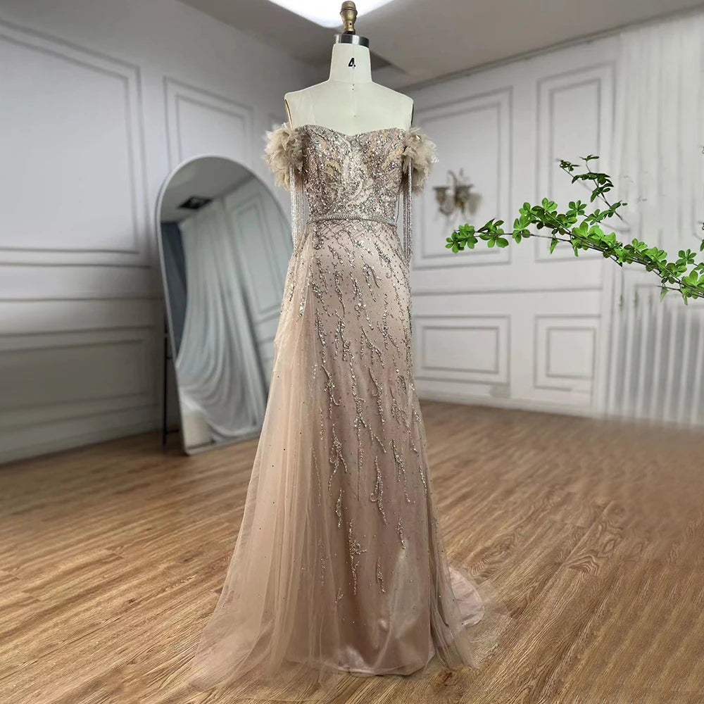 Extra Discounts Serene Hill Arabic Dubai Nude Mermaid Luxury Evening Dresses Gowns Boat Neck Beaded Tassel For Women Wedding Party 2024 LA72260