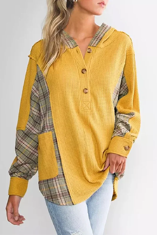 Great Deals Yellow Waffle Knit Plaid Patchwork Pocketed Henley Hoodie