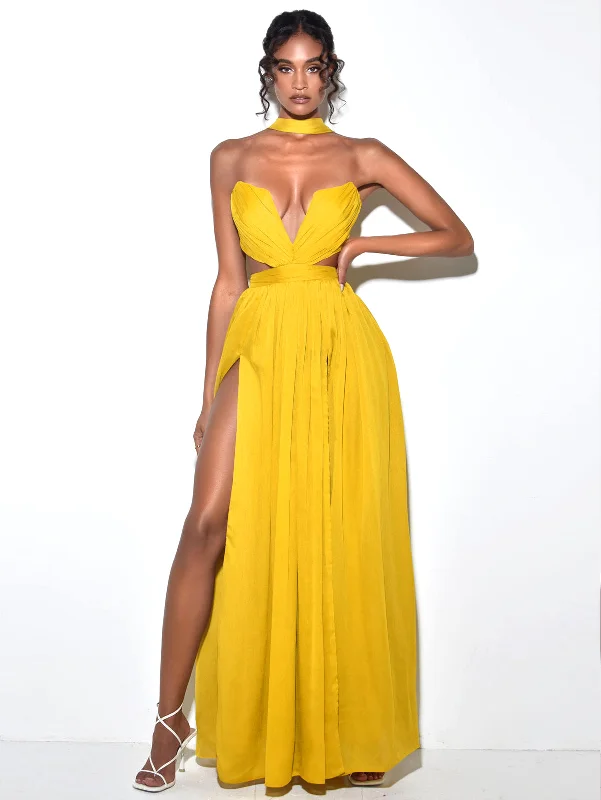 Blowout Sale Xella Yellow Pleated Chiffon Maxi Dress