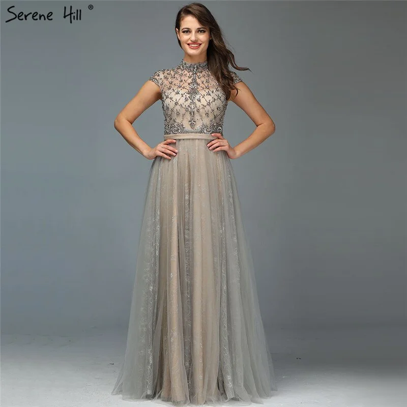 Grand Opening Sale Dubai Grey High-end O-Neck Sexy Evening Dresses 2024 Sleeveless A-Line Diamond Beading Formal Dress Real Photo LA70142