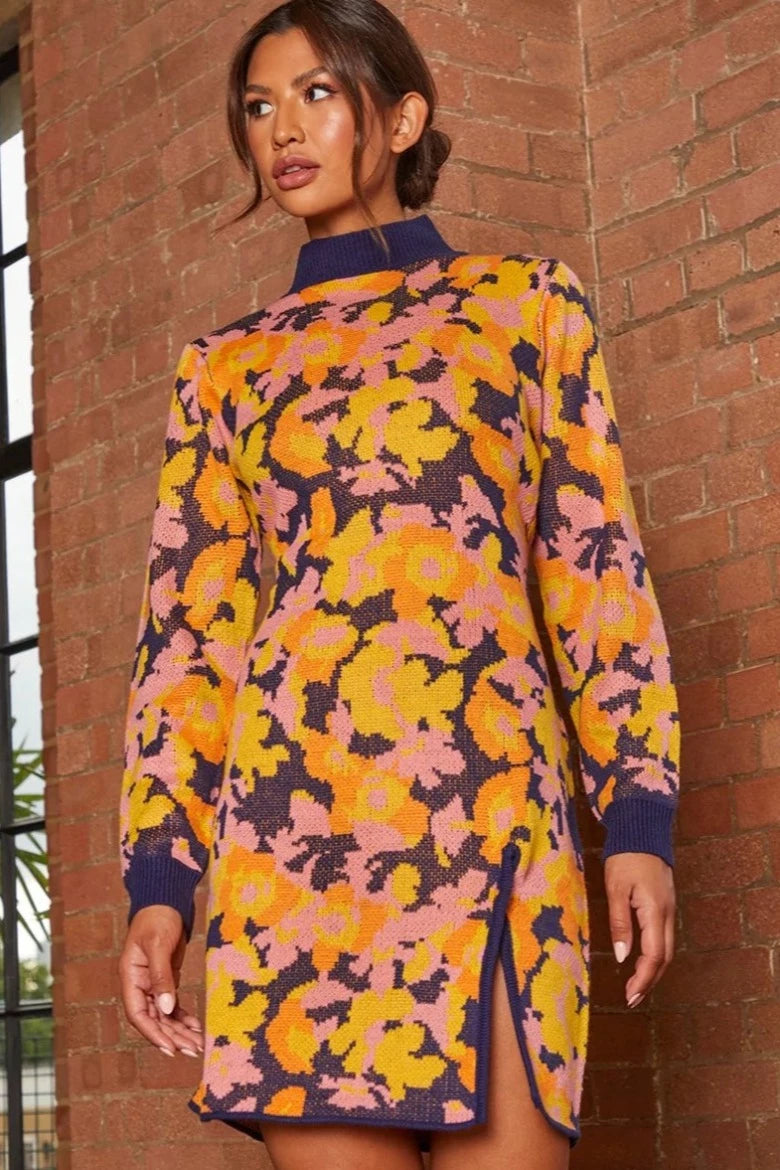 Seasonal Clearance Chi Chi Abstract Floral Front Knot Split Knit Dress in Multi