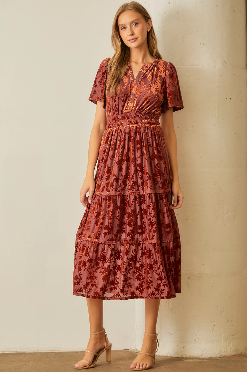 Major Savings Burnout Velvet Midi Dress in Burgundy