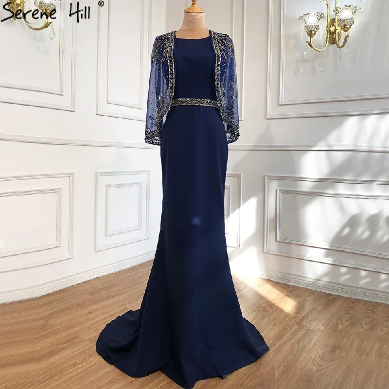 Daily Specials Serene Hill Navy Blue Mermaid Elegant Evening Dresses Gowns 2024 Satin Beading Shawl Yarn Sexy For Women Party LA70884