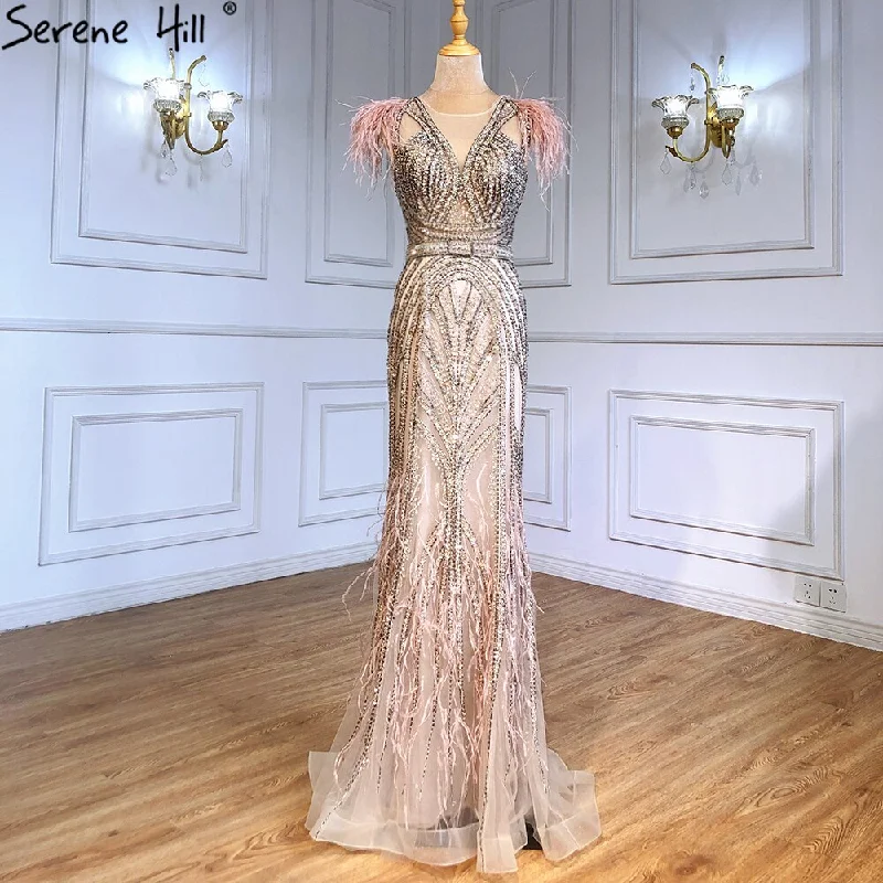 Huge Discounts Serene Hill Luxury Mermaid Nude Evening Dresses Gowns 2024 Feather Beaded Elegant For Women Party LA71340 Huge Discounts Serene Hill Luxury Mermaid Nude Evening Dresses Gowns 2024 Feather Beaded Elegant For Women Party LA71340