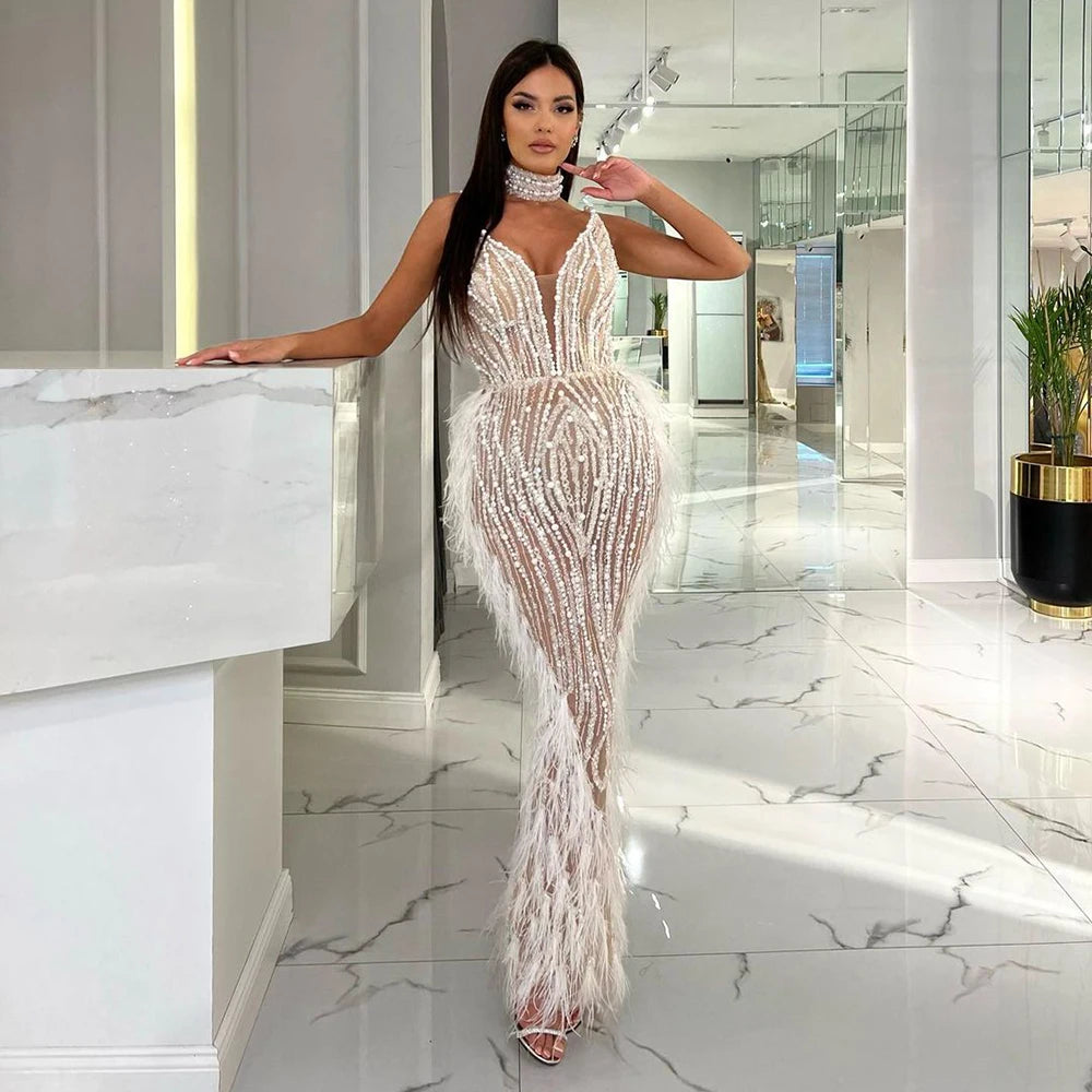 Overstock Sale Serene Hill White Nude Mermaid Spaghetti Strap Beaded Feather Evening Dresses  Gowns 2024 For Woman Wedding Party LA72047