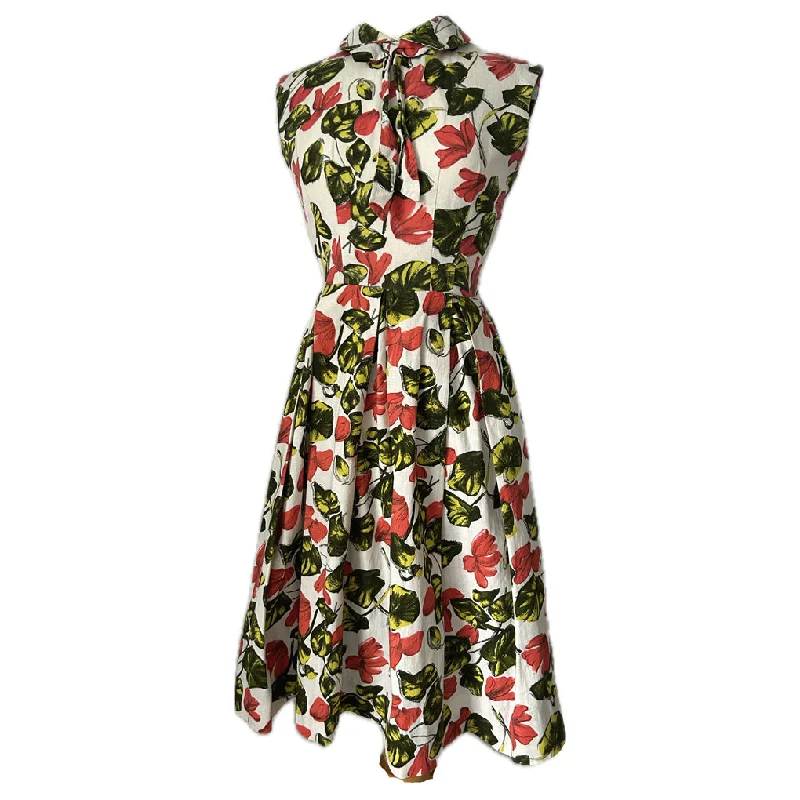 Price Break Vermilion red, green and white floral vintage 1950s cotton day dress
