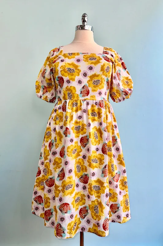 Stock Clearance Mustard Floral Balloon Sleeve Smocked Midi Dress