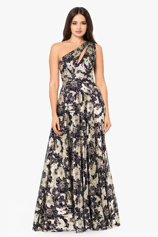 Limited Stock "Gwen" Long One Shoulder Wrap Foil Flower Dress