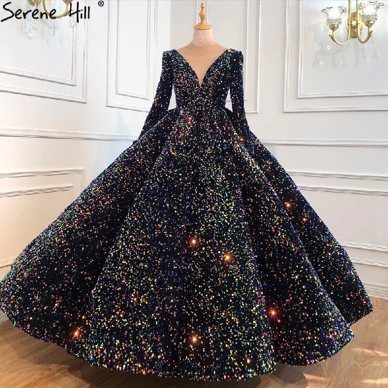 Best Deals Serene Hill Indigo Blue Gold Luxury Wedding Dresses 2024 Sequined Long Sleeves Bride Dress Plus Size Women HA2466 Custom Made