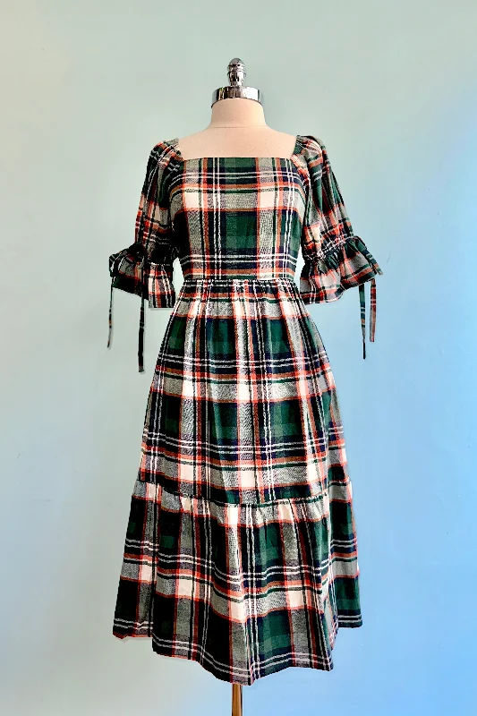 Overstock Green Plaid Square Neck Midi Dress