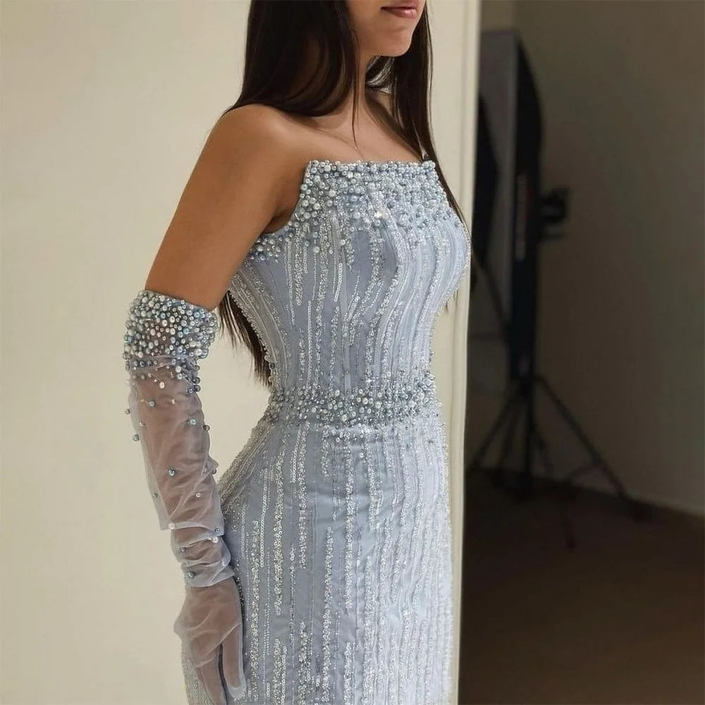 Special Price Serene Hill 2024 Arabic Blue Mermaid Luxury Evening Gown Strapless With Gloves Beaded Party Dress for Women's Wedding LA71950 Special Price Serene Hill 2024 Arabic Blue Mermaid Luxury Evening Gown Strapless With Gloves Beaded Party Dress for Women's Wedding LA71950