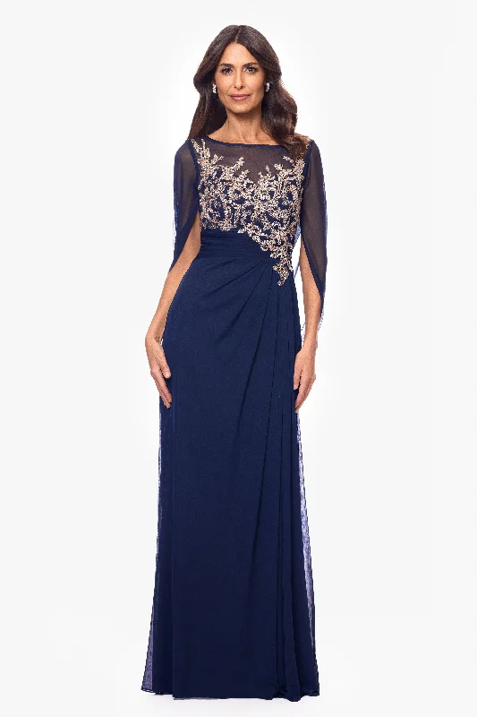 Customer Appreciation Sale "Willa" Long Sheer Matte Jersey Cape Back Dress With Applique