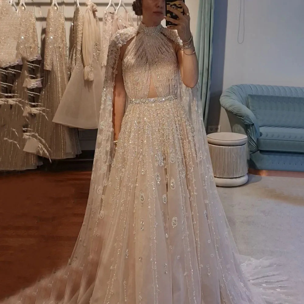 Deep Discounts Serene Hill Dubai Arabic Luxury Nude A Line Beaded Evening Dresses With Cape Sleeves Gowns For Women Wedding Party 2024 LA71803