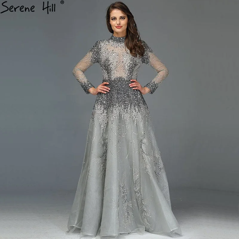 Limited Stock Muslim Grey Luxury Long Sleeves Evening Dresses 2024 Latest Design Crystal High Neck Formal Dress Serene Hill LA60975 Limited Stock Muslim Grey Luxury Long Sleeves Evening Dresses 2024 Latest Design Crystal High Neck Formal Dress Serene Hill LA60975