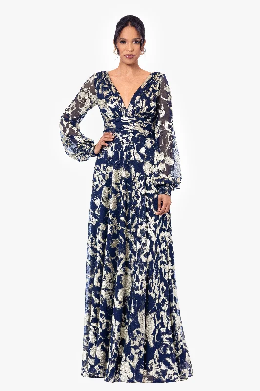 Limited Availability "Annabelle" Metallic Foil and Long Mesh Sleeve Gown