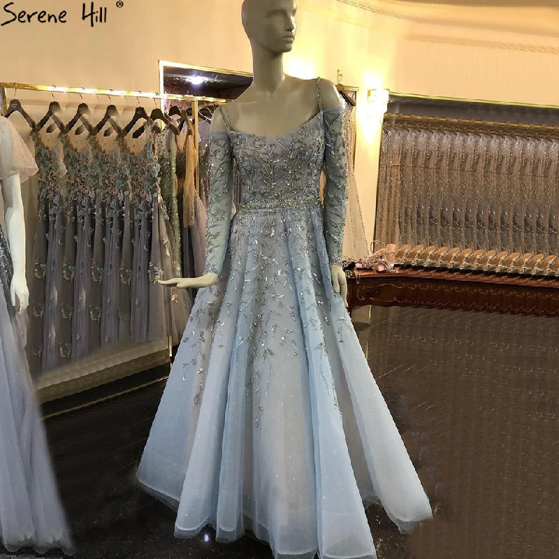 Midnight Madness Serene Hill Blue Luxury A-Line Evening Dresses Gowns 2024 Beading Spaghetti Strap Sexy For Women Party  LA70812