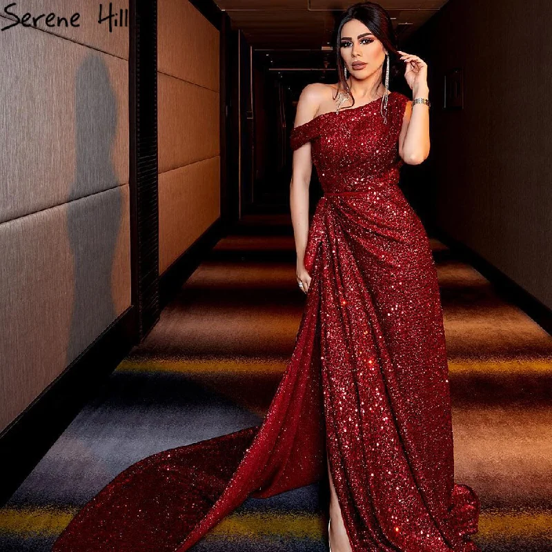 Unbeatable Prices Serene Hill Wine Red Split A-Line Luxury Evening Dresses Gowns 2024 One Shoulder Sexy For Women Party LA71005