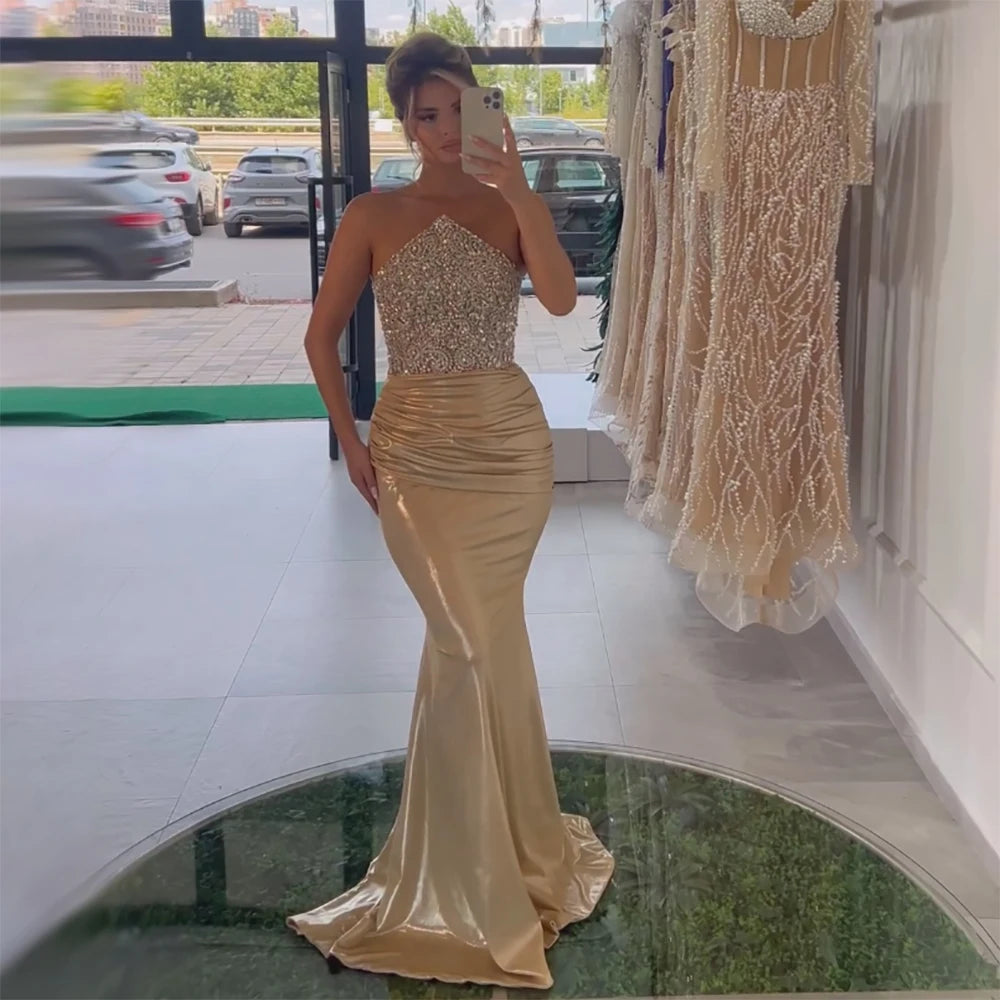 Price Rollback Serene Hill 2024 Saudi Arabic Gold Elegant Strapless Evening Gown Crystal Beaded Dress for Formal Occasion LA72759