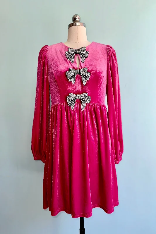 Weekend Special Pink Velvet Rhinestone Bow Mini Dress