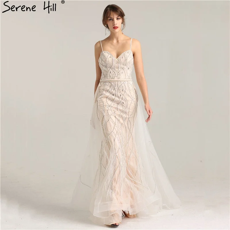 Super Sale White Nude Evening Dresses Pearls Crystal Mermaid Evening Gown LA6242