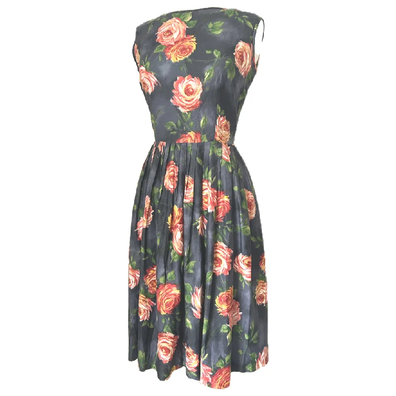 Don't Wait Charcoal grey vintage 1950s cotton day dress with orange and pink rose print