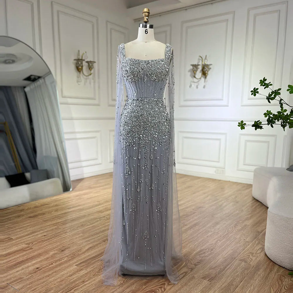 Members Only Serene Hill Arabic Gray Mermaid Beaded Luxury Dubai Long Evening Gown with Cape Sleeves Elegant for Women - Party 2024 LA72592 Members Only Serene Hill Arabic Gray Mermaid Beaded Luxury Dubai Long Evening Gown with Cape Sleeves Elegant for Women - Party 2024 LA72592