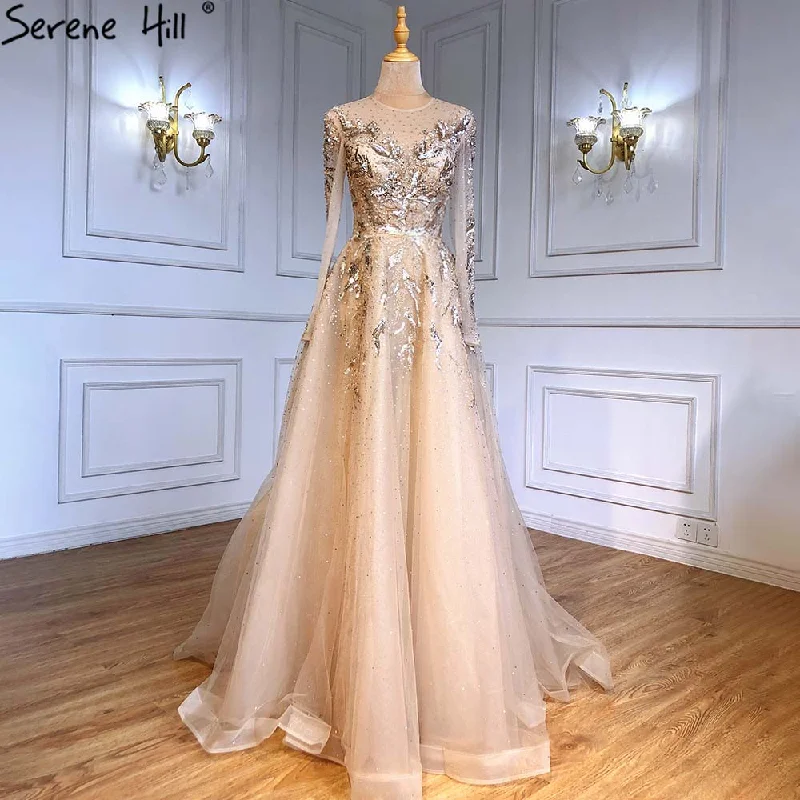 Take Advantage Serene Hill Gold Muslim Luxury Evening Dresses Gowns 2024 A-Line Beaded Sparkle For Women Party  LA71387