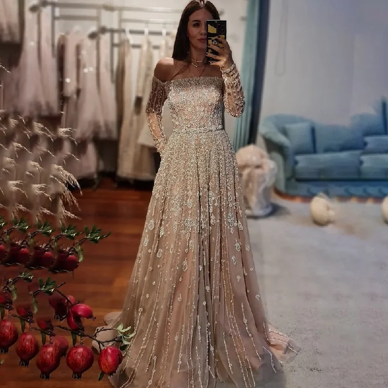 Super Sale Serene Hill Arabic Nude Sexy Boat Neck A Line Beaded Long Evening Dresses Gowns For Women Wedding Party Plus Size 2023 LA71803B